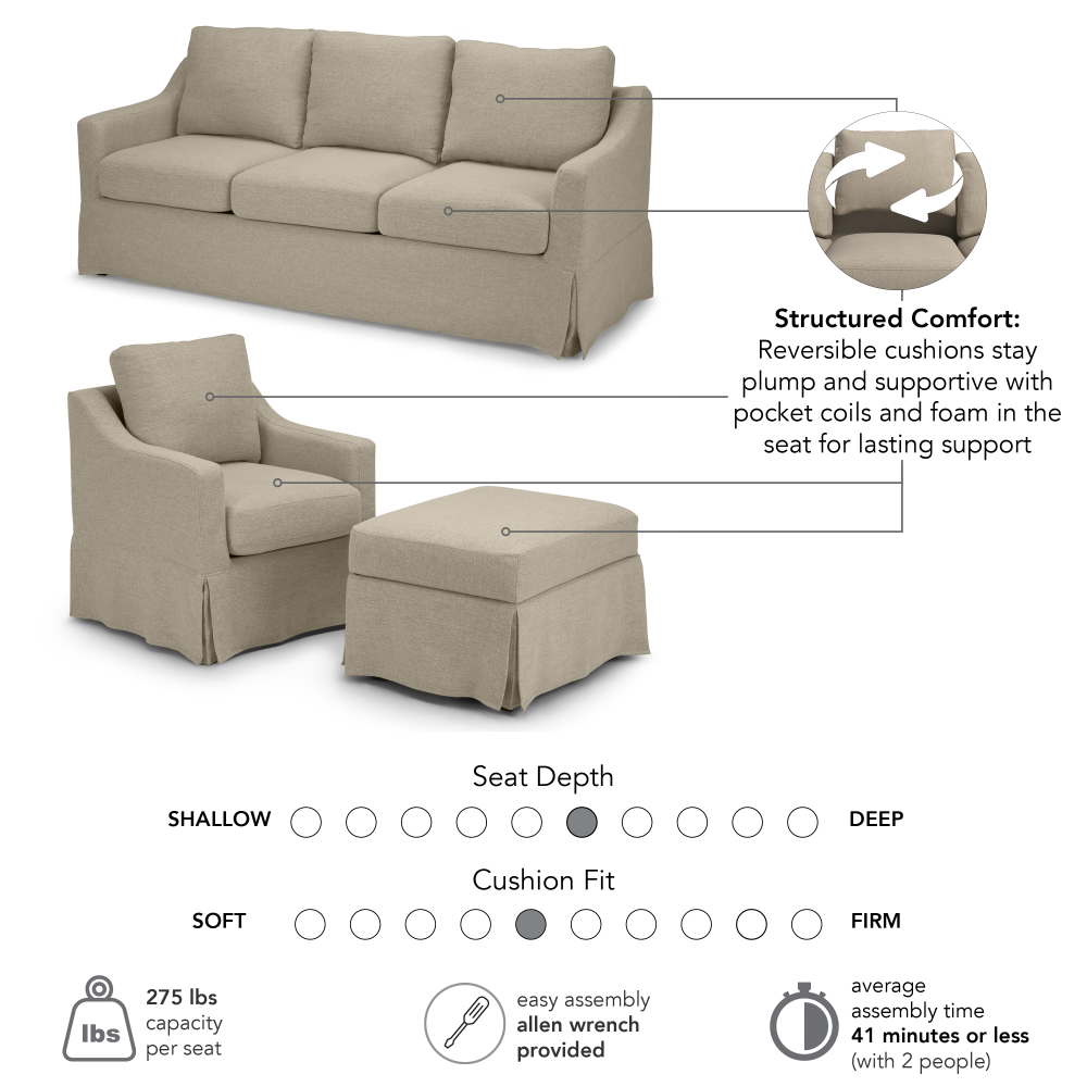 Shop Bush Home Harper 80W Sofa, Swivel Accent Chair, and Storage Ottoman with Slipcovers, Image 06, HAR006SDB, #color_sand basketweave fabric