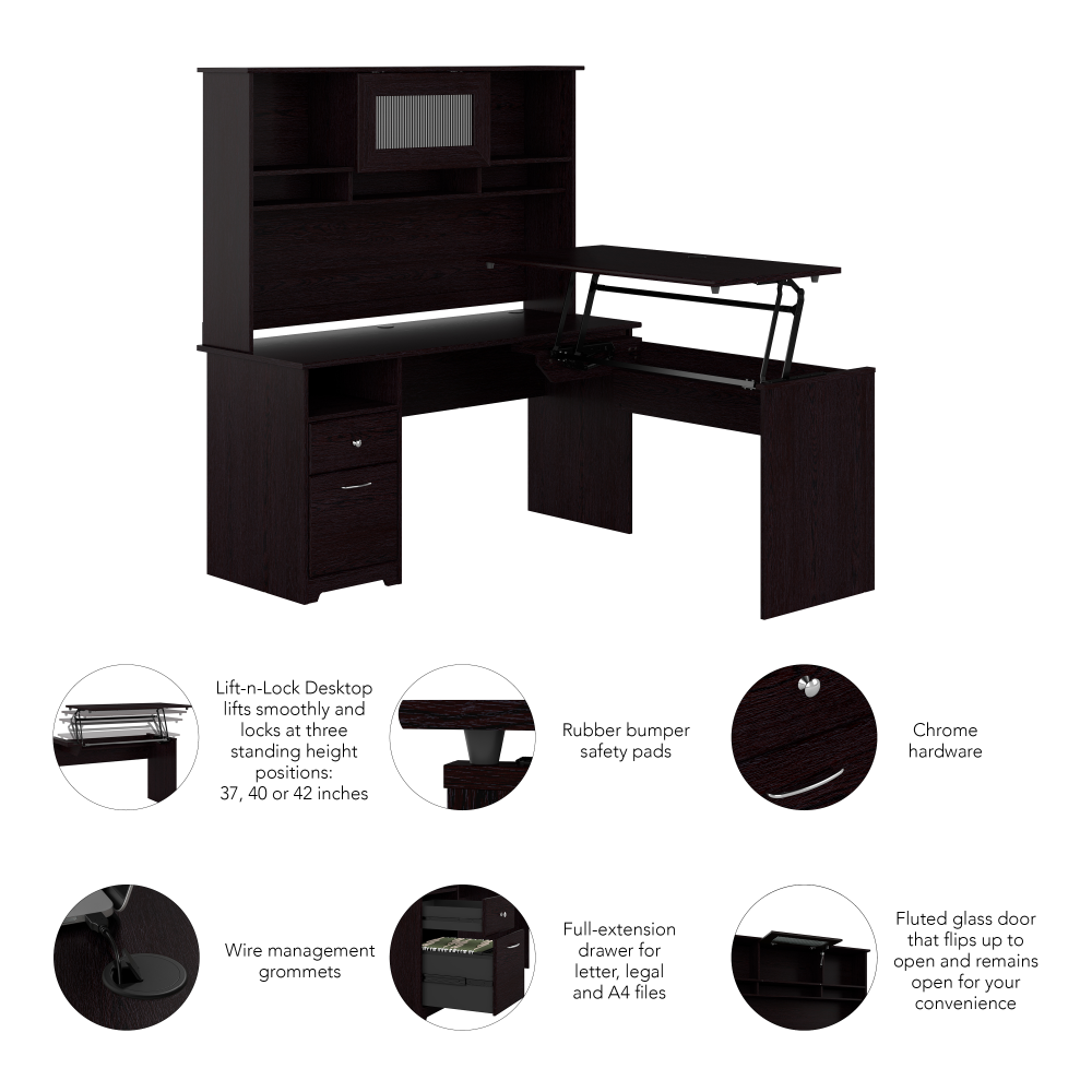 Shop Bush Furniture Cabot 60W 3 Position Sit to Stand L Shaped Desk with Hutch, Image 08, CAB045EPO, #color_espresso oak