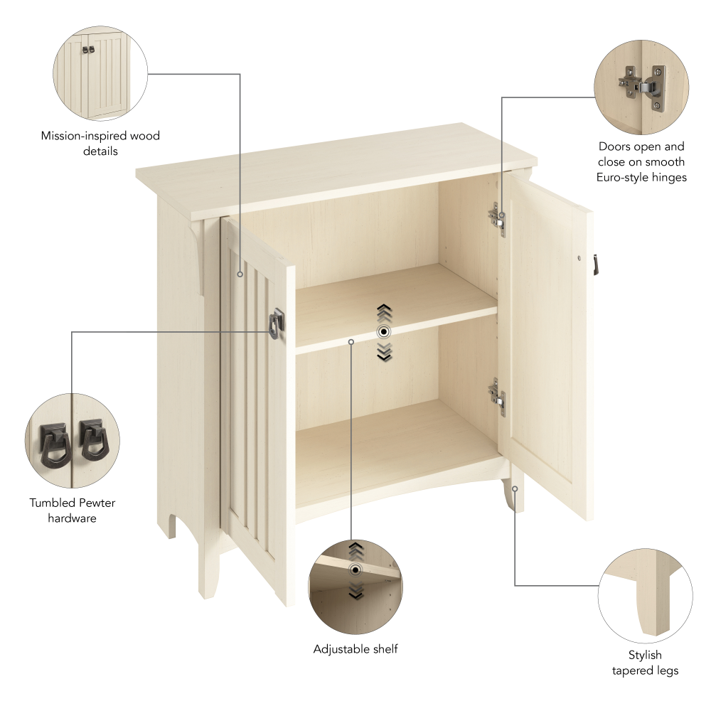 Shop Bush Furniture Salinas Small Storage Cabinet with Doors and Shelves, Image 06, SAS632AW-03, #color_antique white