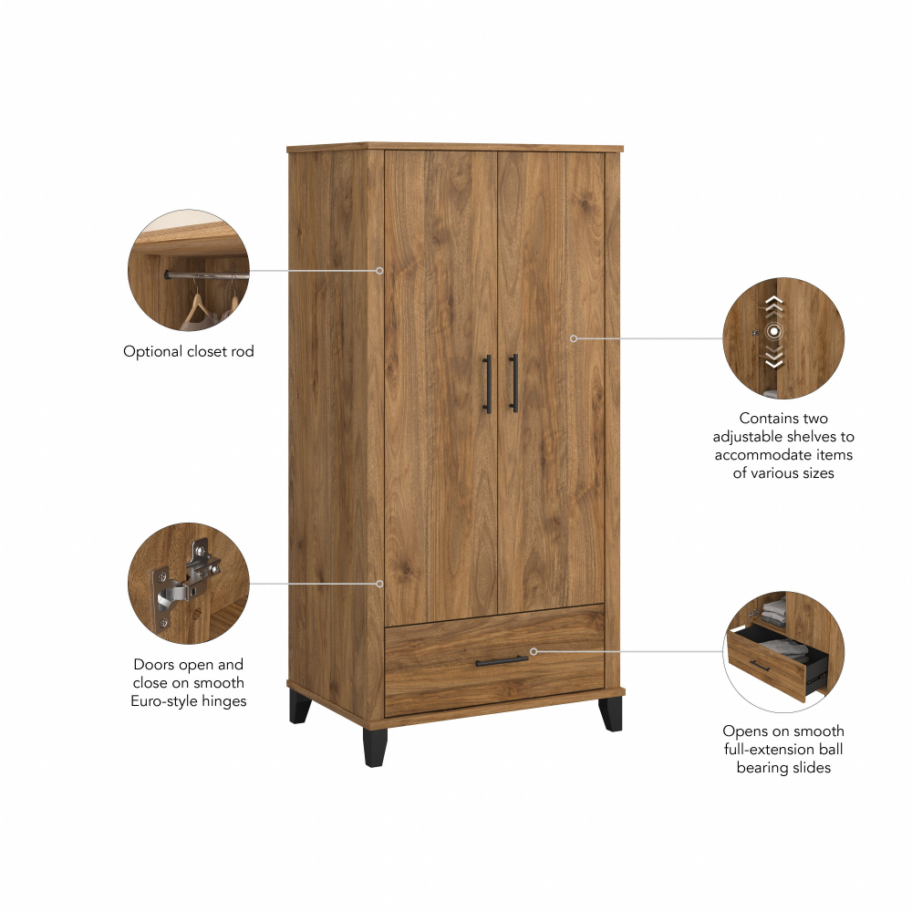 Shop Bush Furniture Somerset Tall Entryway Cabinet with Doors and Drawer, Image 08, STS166FWK-Z1, #color_fresh walnut