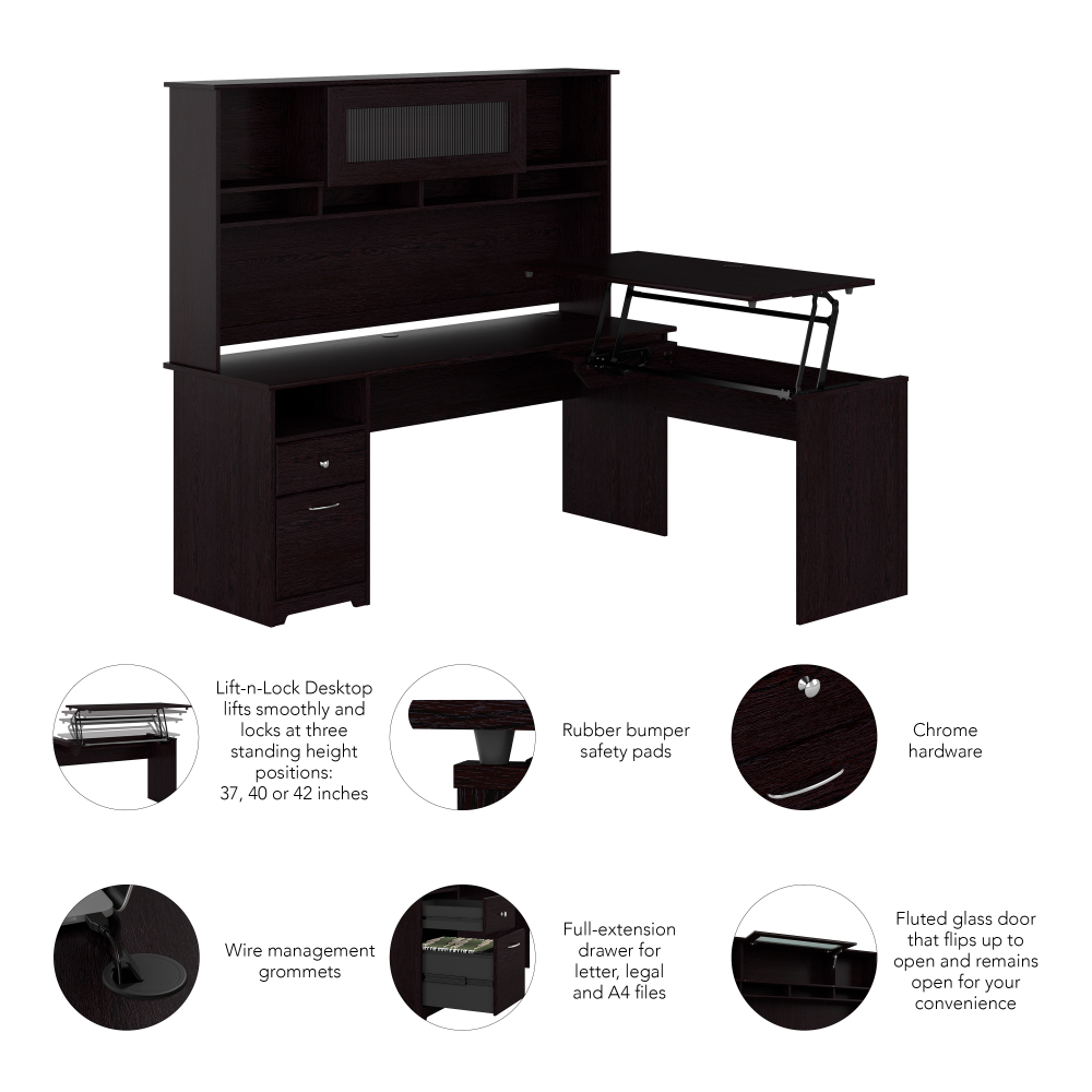 Shop Bush Furniture Cabot 72W 3 Position Sit to Stand L Shaped Desk with Hutch, Image 08, CAB052EPO, #color_espresso oak