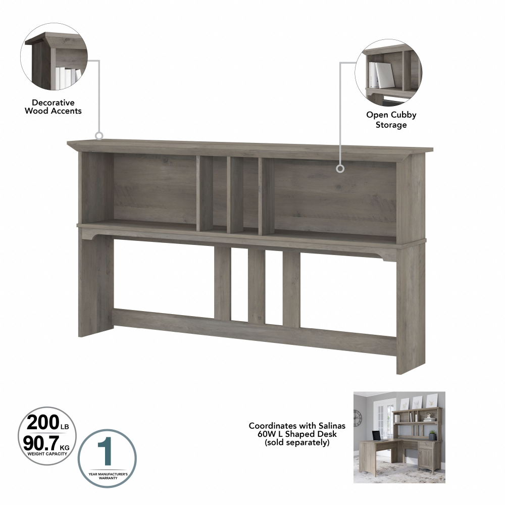 Shop Bush Furniture Salinas 60W L Shaped Desk with Hutch, Lateral File Cabinet and 5 Shelf Bookcase, Image 07, SAL007DG, #color_driftwood gray