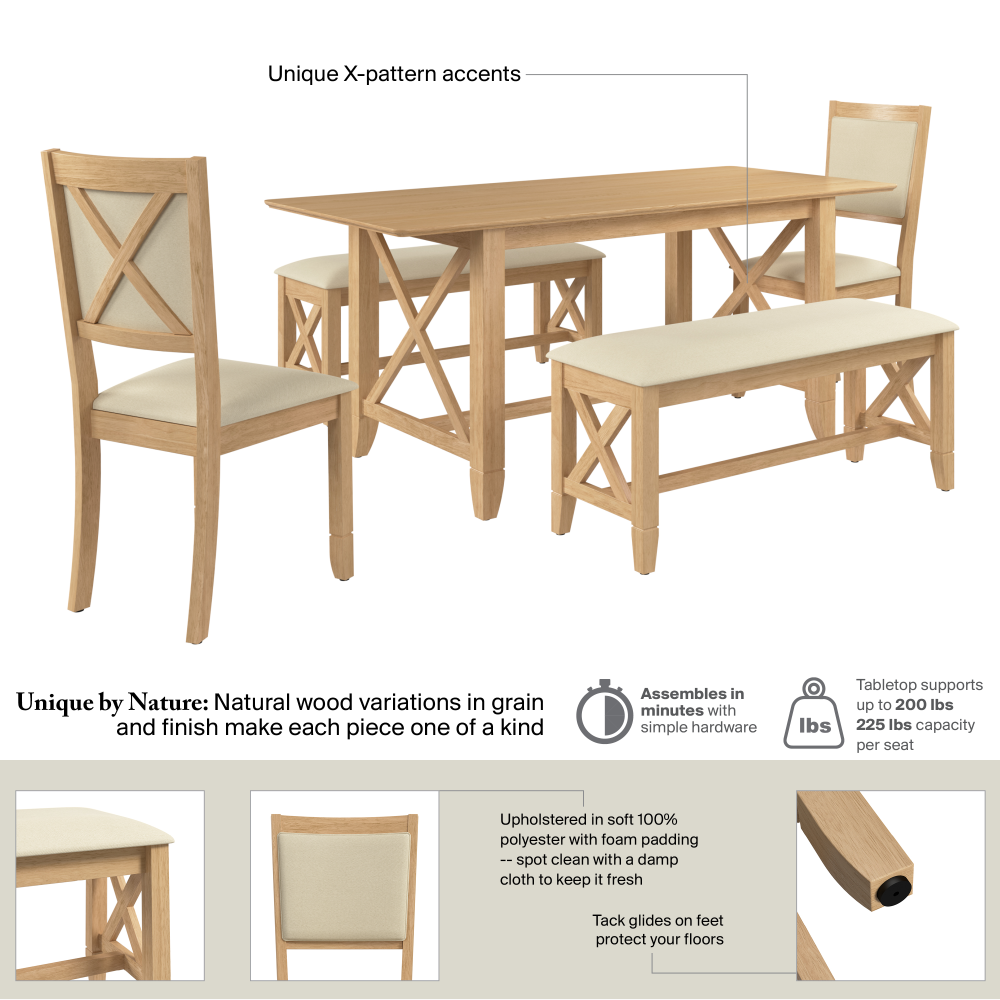 Shop Bush Home Key West 70W Cross Base Dining Table with 4 Upholstered Cross Back Chairs and 1 Bench, Image 06, KWS115BO, #color_blonde oak/bright beige
