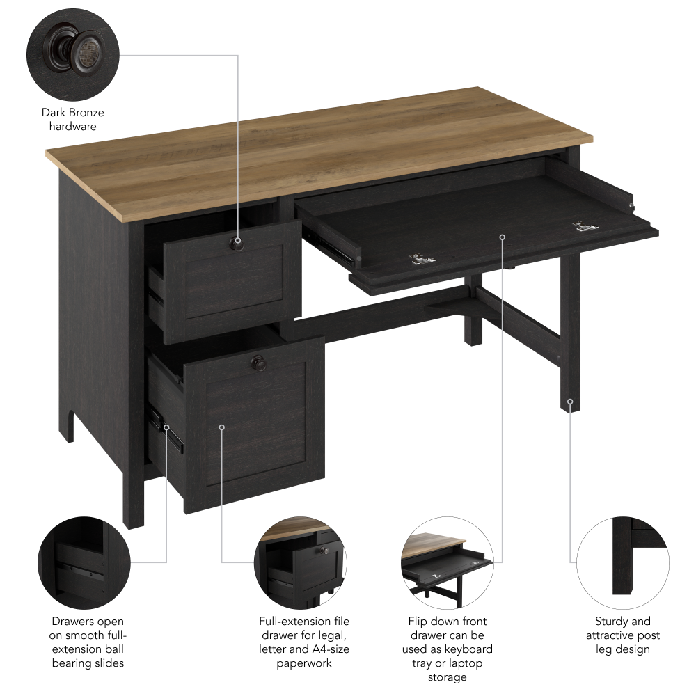 Shop Bush Furniture Mayfield 54W Computer Desk with Drawers, Image 08, MAD254V2P-03, #color_vintage black/reclaimed pine