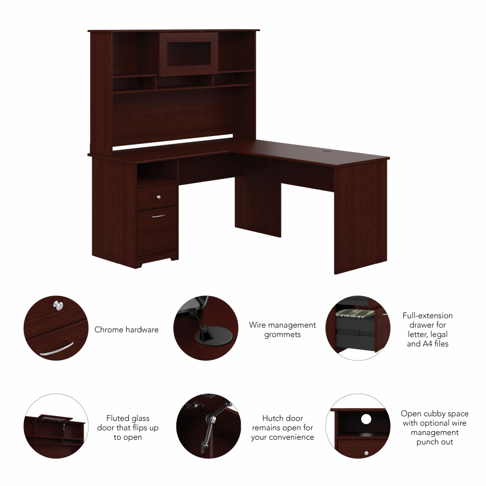 Shop Bush Furniture Cabot 60W L Shaped Computer Desk with Hutch and Drawers, Image 06, CAB046HVC, #color_harvest cherry