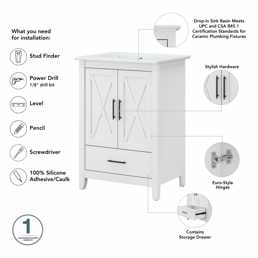 Shop Bush Furniture Key West 24W Bathroom Vanity Sink with Mirror and Over The Toilet Storage Cabinet, Image 06, KWS031WAS, #color_white ash