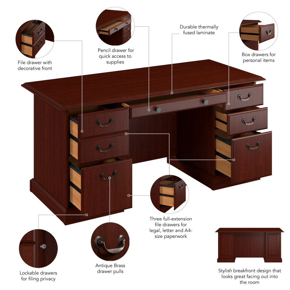 Shop Bush Business Furniture Arlington Executive Desk with Drawers, Image 09, WC65566-03K, #color_harvest cherry