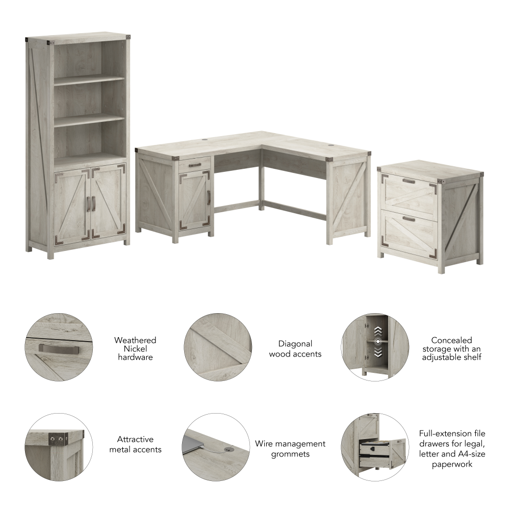 Shop Bush Furniture Knoxville 60W L Shaped Desk with Lateral File Cabinet and 5 Shelf Bookcase, Image 06, CGR005CWH, #color_cottage white