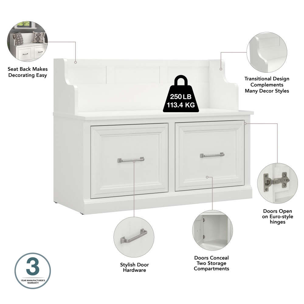 Shop Bush Furniture Woodland 40W Entryway Bench with Doors and Wall Mounted Coat Rack, Image 09, WDL009WAS, #color_white ash