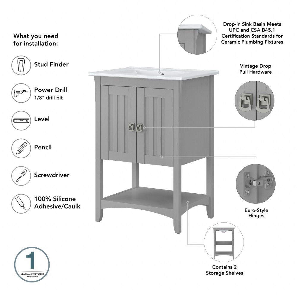 Shop Bush Furniture Salinas 24W Bathroom Vanity Sink and Medicine Cabinet with Mirror, Image 06, SAL018CG, #color_cape cod gray
