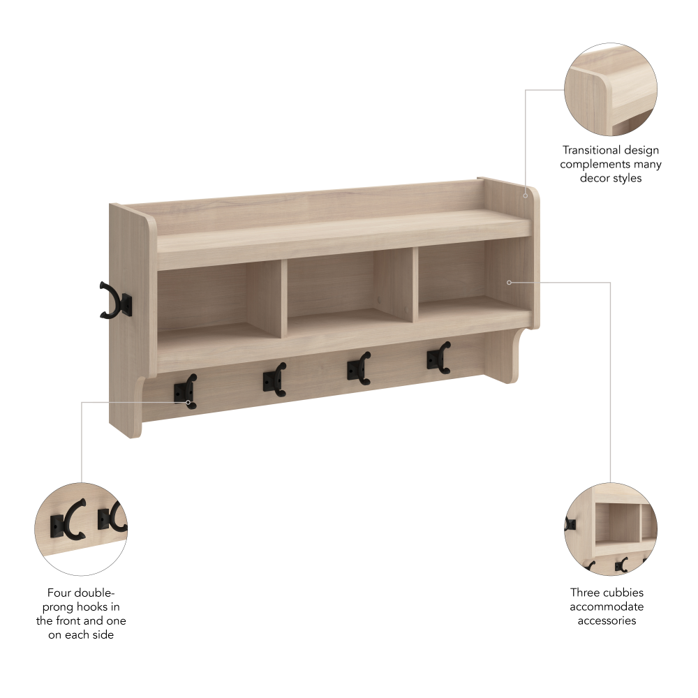 Shop Bush Furniture Woodland 40W Wall Mounted Coat Rack with Shelf, Image 08, WDH340WM-03, #color_white washed maple