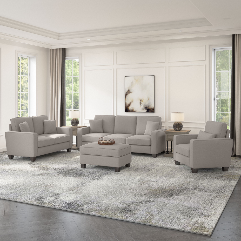 Shop Bush Furniture Stockton 85W Sofa with Loveseat, Accent Chair, and Ottoman, Image 02, SKT020BGH, #color_beige herringbone fabric