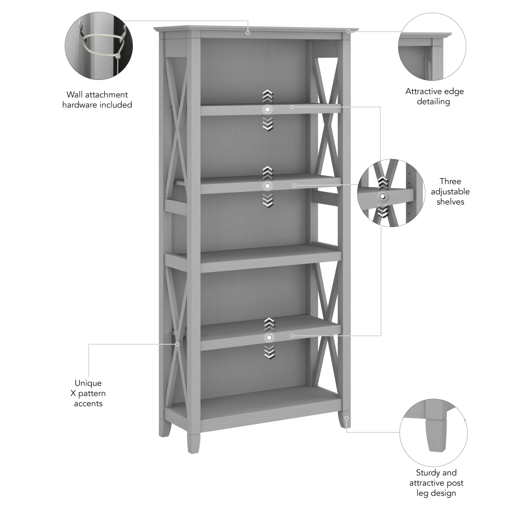 Shop Bush Furniture Key West Tall 5 Shelf Bookcase, Image 07, KWB132CG-03, #color_cape cod gray