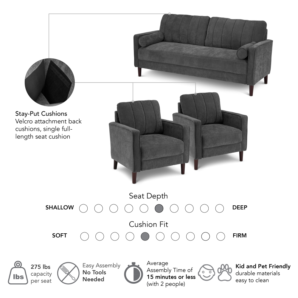 Shop Bush Home Max 77W Sofa and 32W Accent Chair - Set of 2, Image 05, MAX008IGC, #color_iron gray chenille fabric
