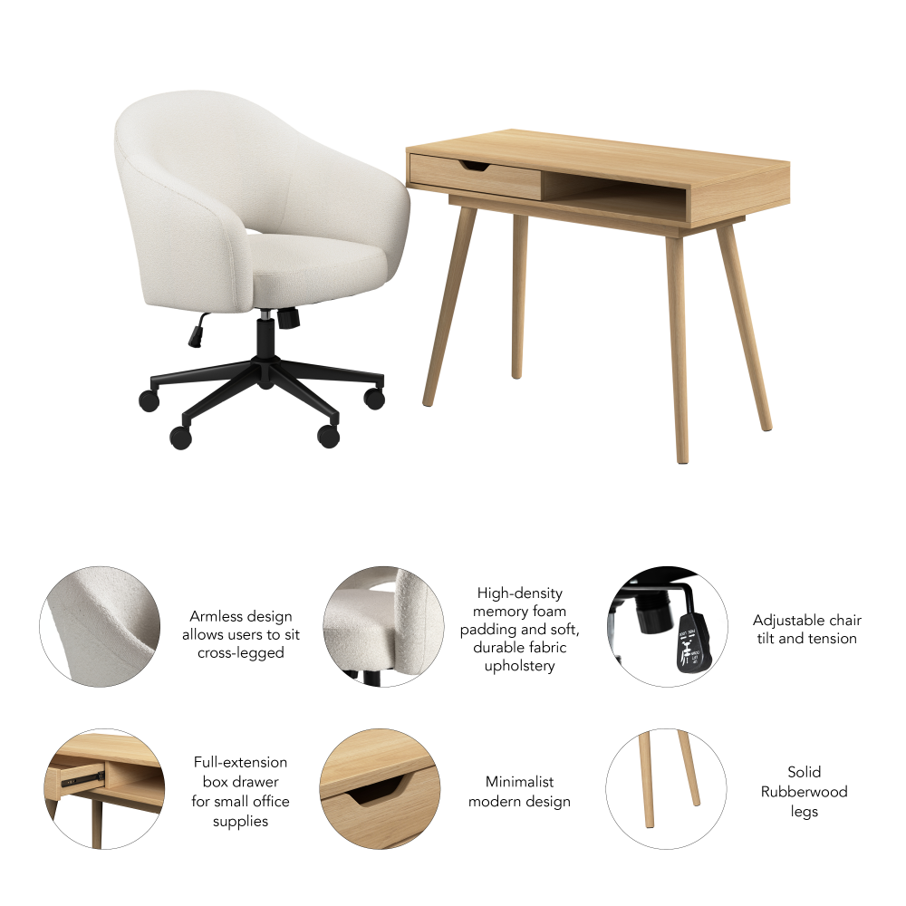 Shop Bush Furniture Nora 40W Small Writing Desk and Chair Set for Home Office, Image 06, NRA002NO, #color_natural oak/light cream fabric