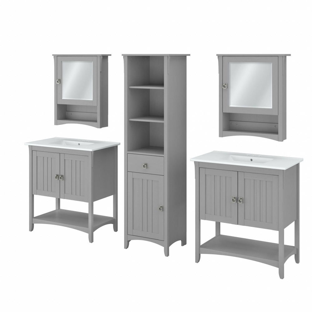 Shop Bush Furniture Salinas 64W Double Vanity Set with Sinks, Medicine Cabinets and Linen Tower, Image 01, SAL035CG, #color_cape cod gray