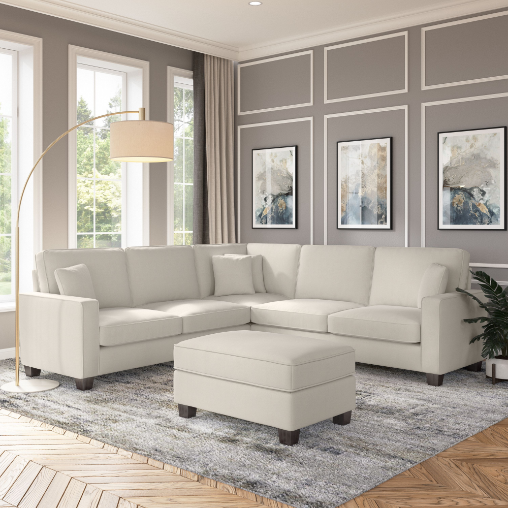 Shop Bush Furniture Stockton 99W L Shaped Sectional Couch with Ottoman, Image 02, SKT003CRH, #color_cream herringbone fabric