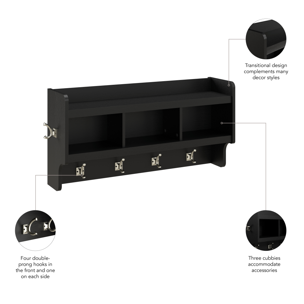 Shop Bush Furniture Woodland 40W Wall Mounted Coat Rack with Shelf, Image 08, WDH340BS-03, #color_black suede oak