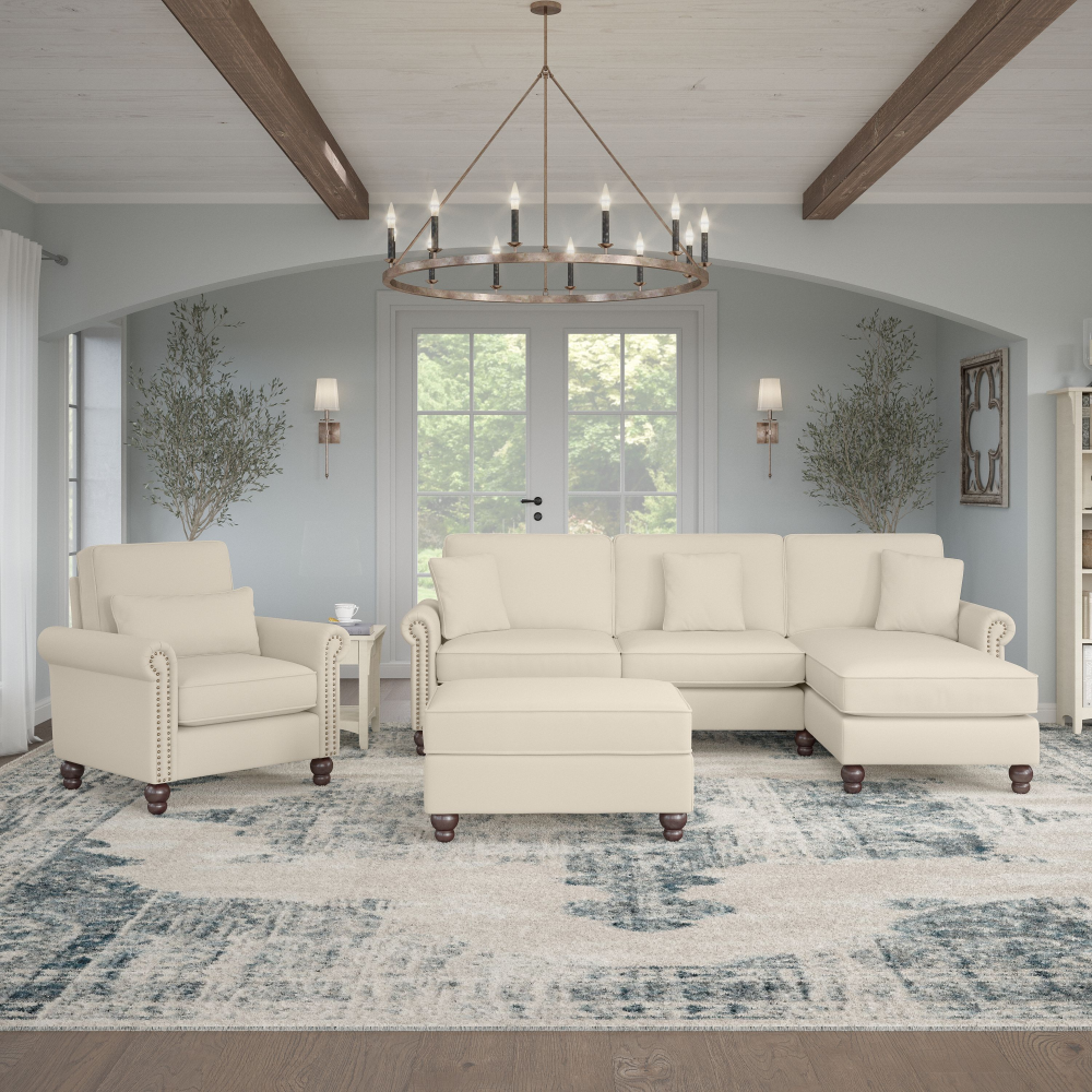 Shop Bush Furniture Coventry 102W Sectional Couch with Reversible Chaise Lounge, Accent Chair, and Ottoman, Image 02, CVN021CRH, #color_cream herringbone fabric