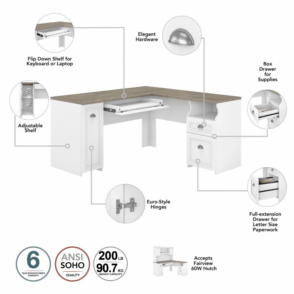 Shop Bush Furniture Fairview 60W L Shaped Desk with Hutch, Bookcase, Storage and File Cabinets, Image 07, FV014G2W, #color_shiplap gray/pure white