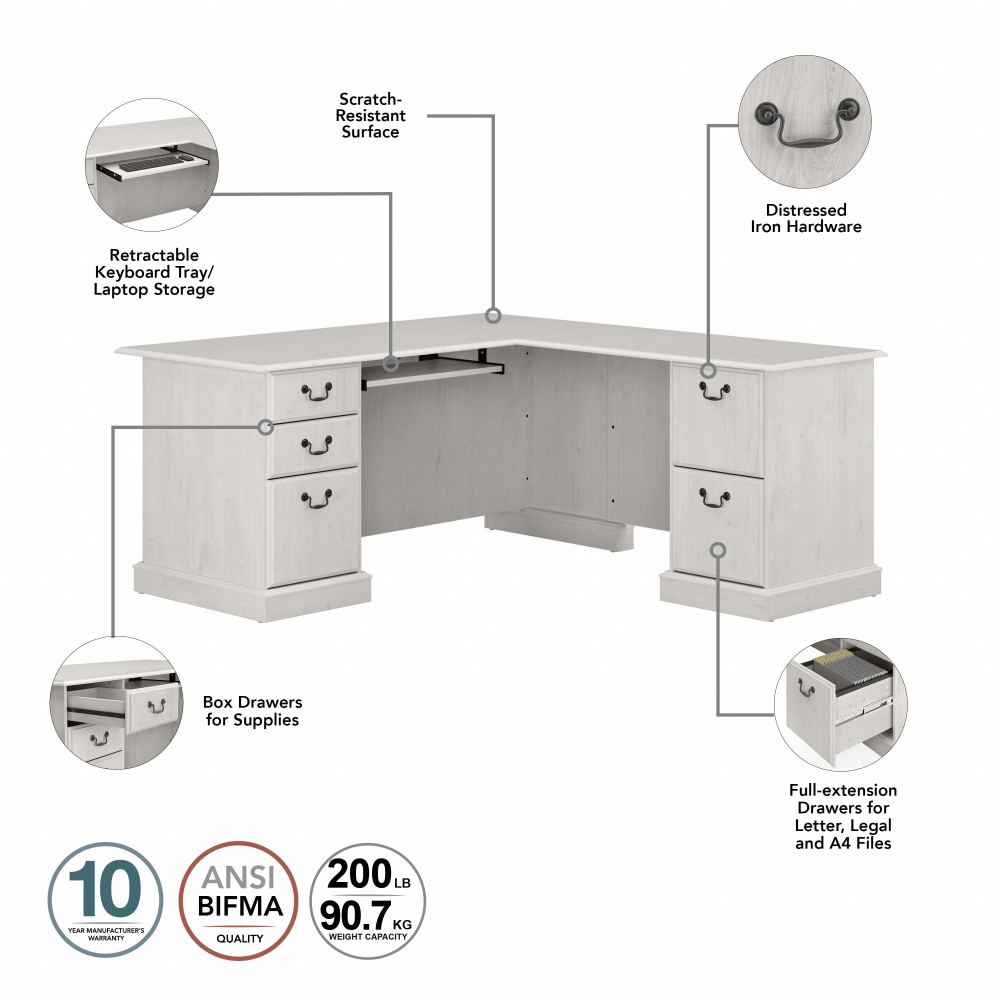 Shop Bush Furniture Saratoga L Shaped Computer Desk with File Cabinet and Bookcase Set, Image 06, SAR002LW, #color_linen white oak