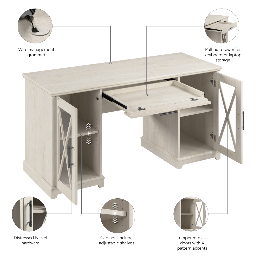 Shop Bush Furniture Lennox 60W Farmhouse Desk with Storage and Keyboard Tray, Image 09, LED160LW-03K, #color_linen white oak