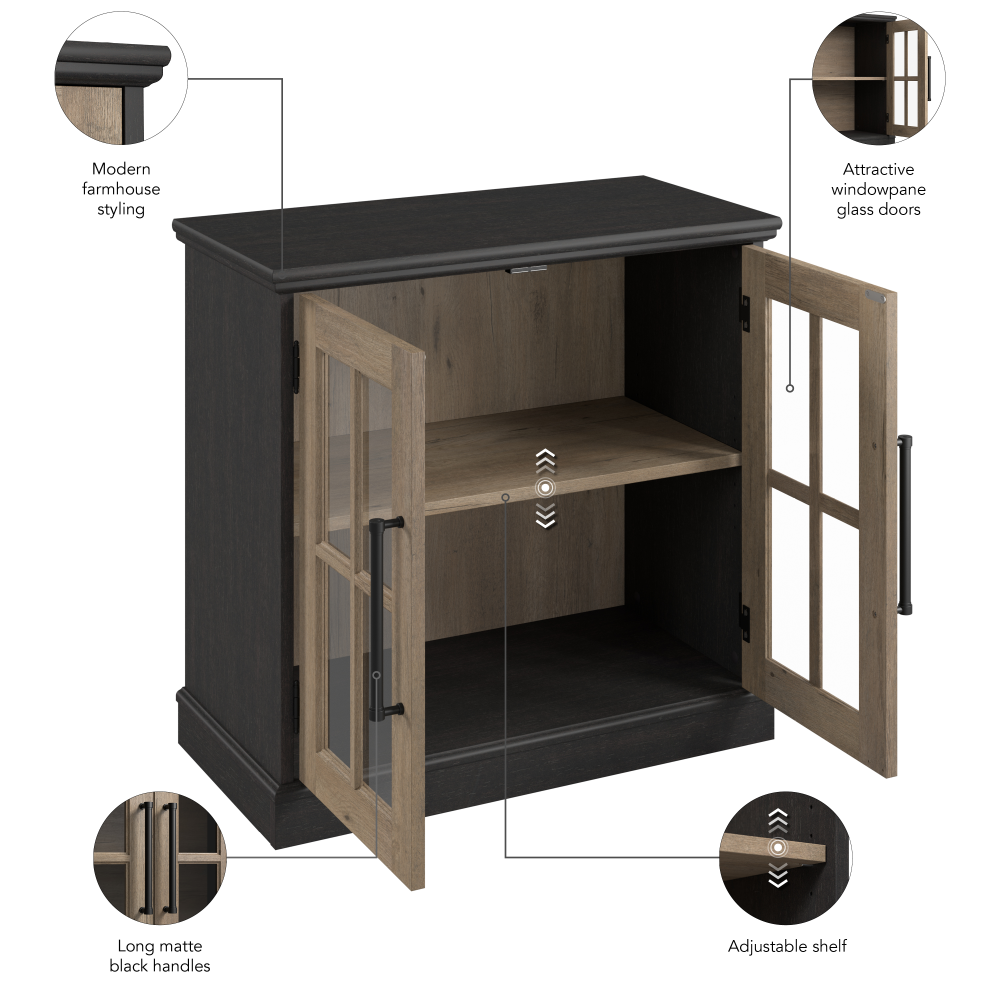 Shop Bush Furniture Westbrook 32W Storage Cabinet with Glass Doors, Image 09, WBV132V2R-03, #color_vintage black/restored tan hickory