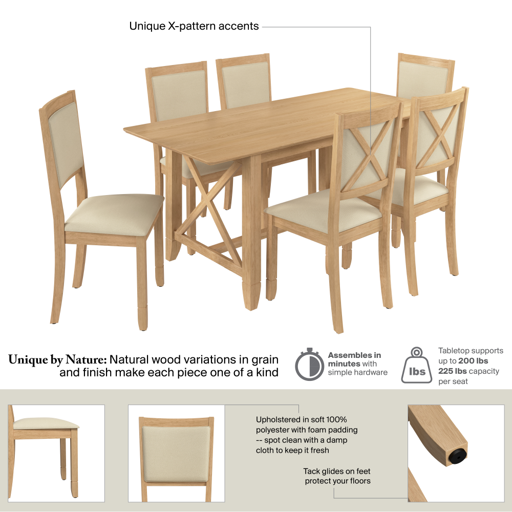 Shop Bush Home Key West 70W Cross Base Dining Table with 6 Upholstered Cross Back Chairs, Image 06, KWS113BO, #color_blonde oak/bright beige