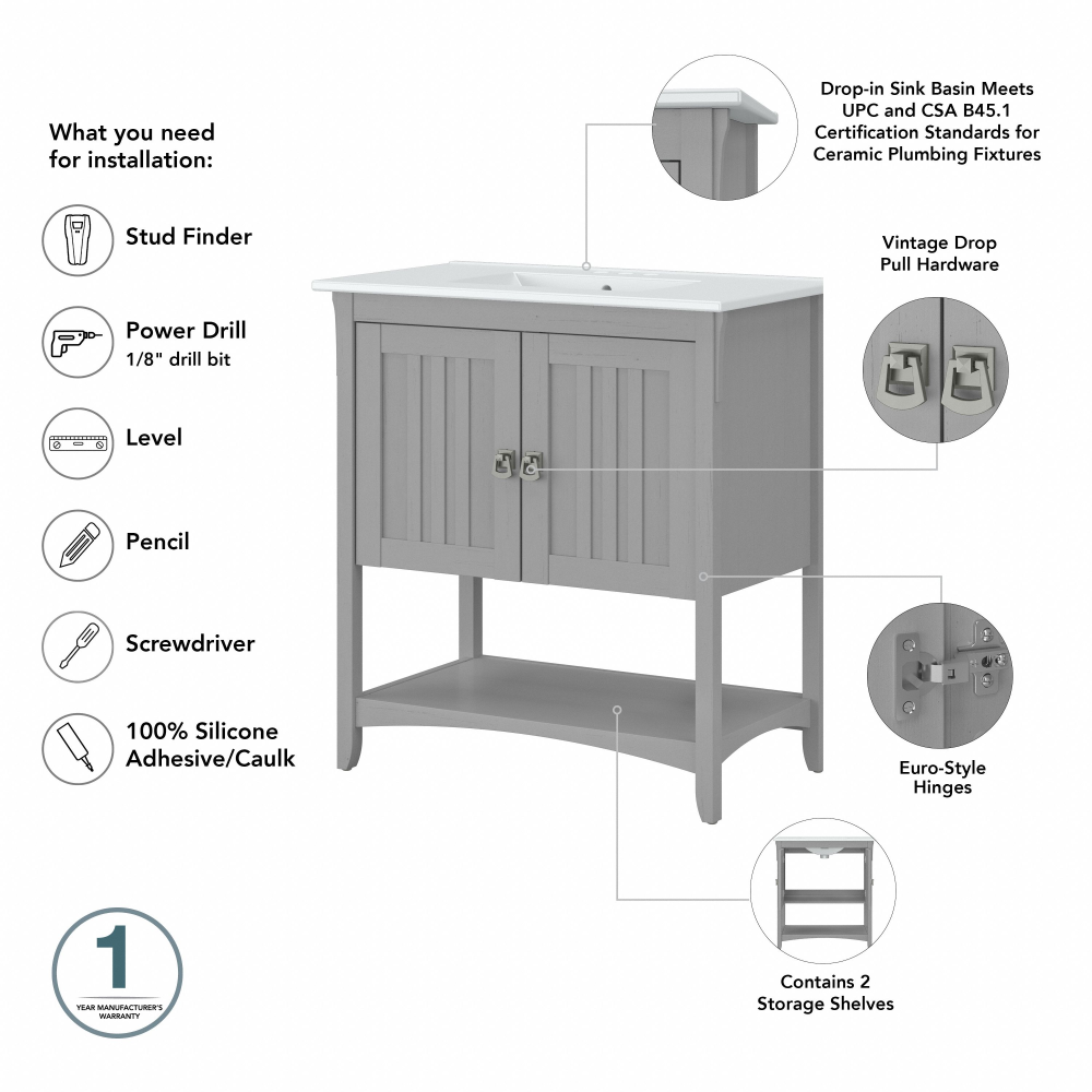 Shop Bush Furniture Salinas 32W Bathroom Vanity with Sink, Image 08, SAVN132CG-03K, #color_cape cod gray