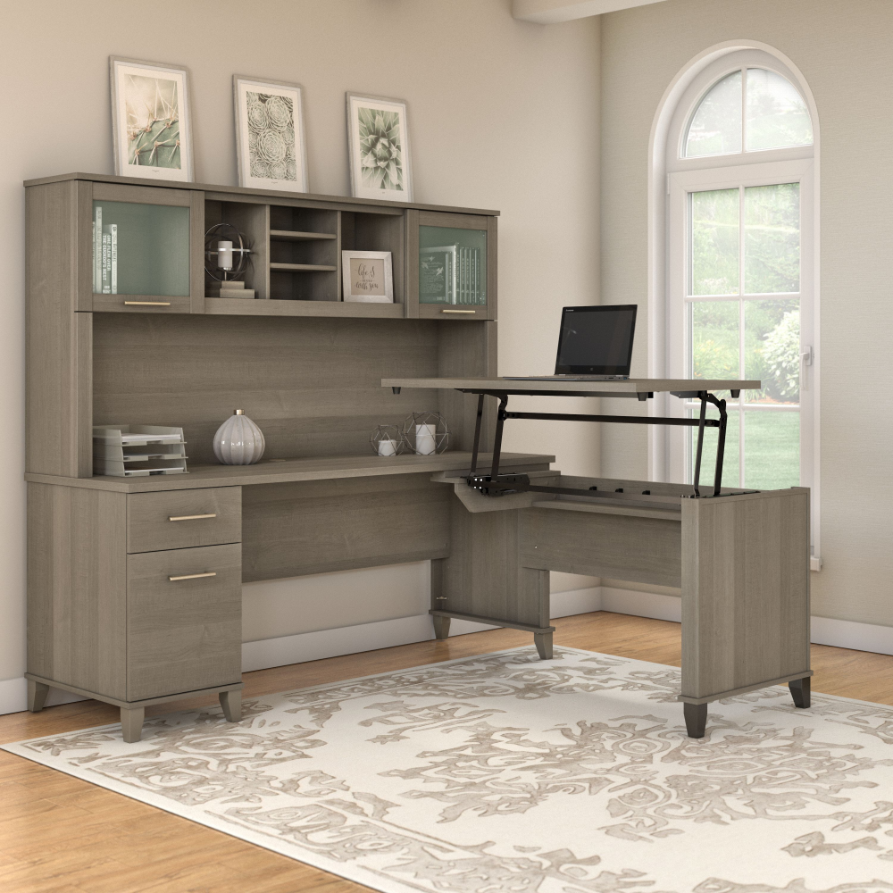 Shop Bush Furniture Somerset 72W 3 Position Sit to Stand L Shaped Desk with Hutch, Image 02, SET015AG, #color_ash gray