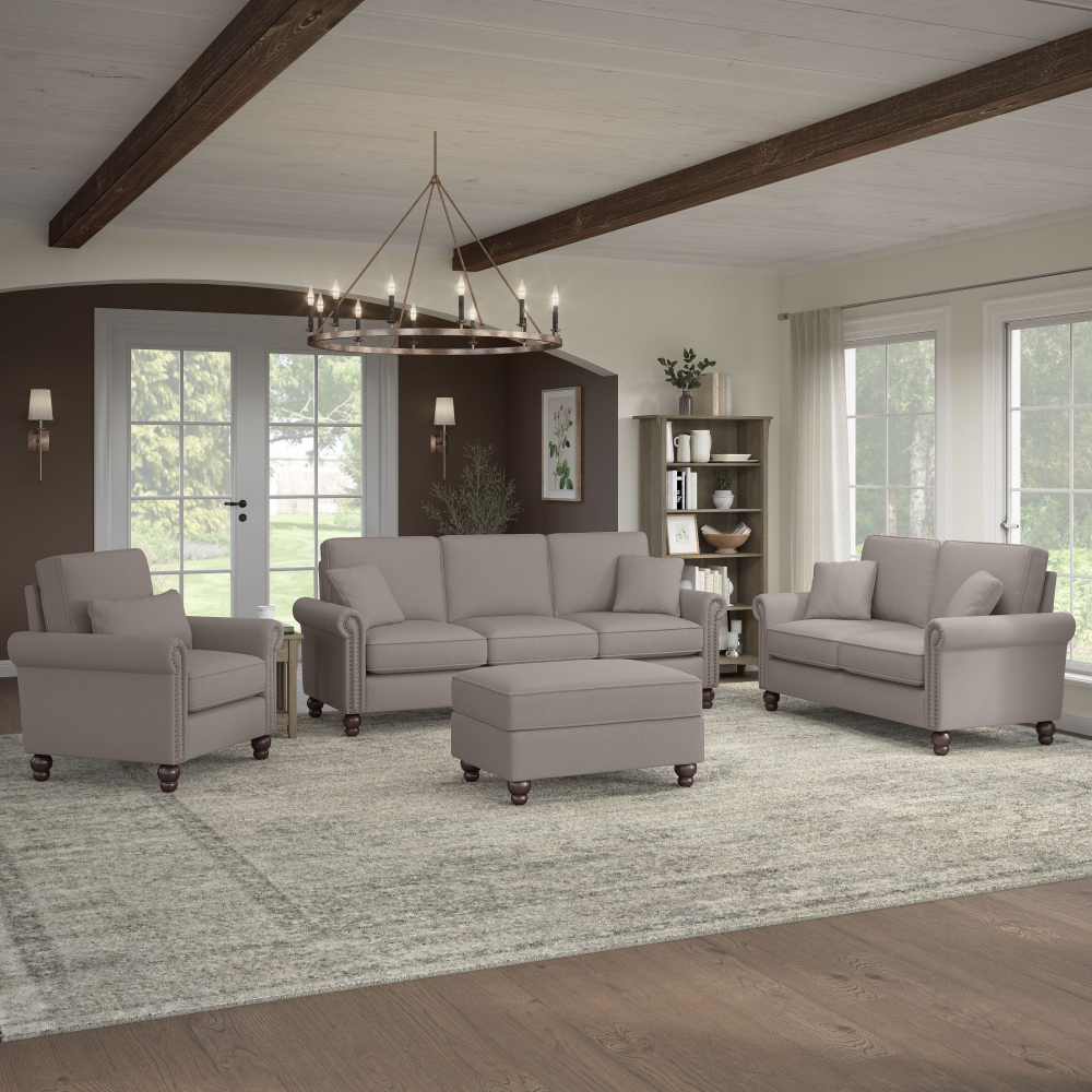 Shop Bush Furniture Coventry 85W Sofa with Loveseat, Accent Chair, and Ottoman, Image 02, CVN020BGH, #color_beige herringbone fabric