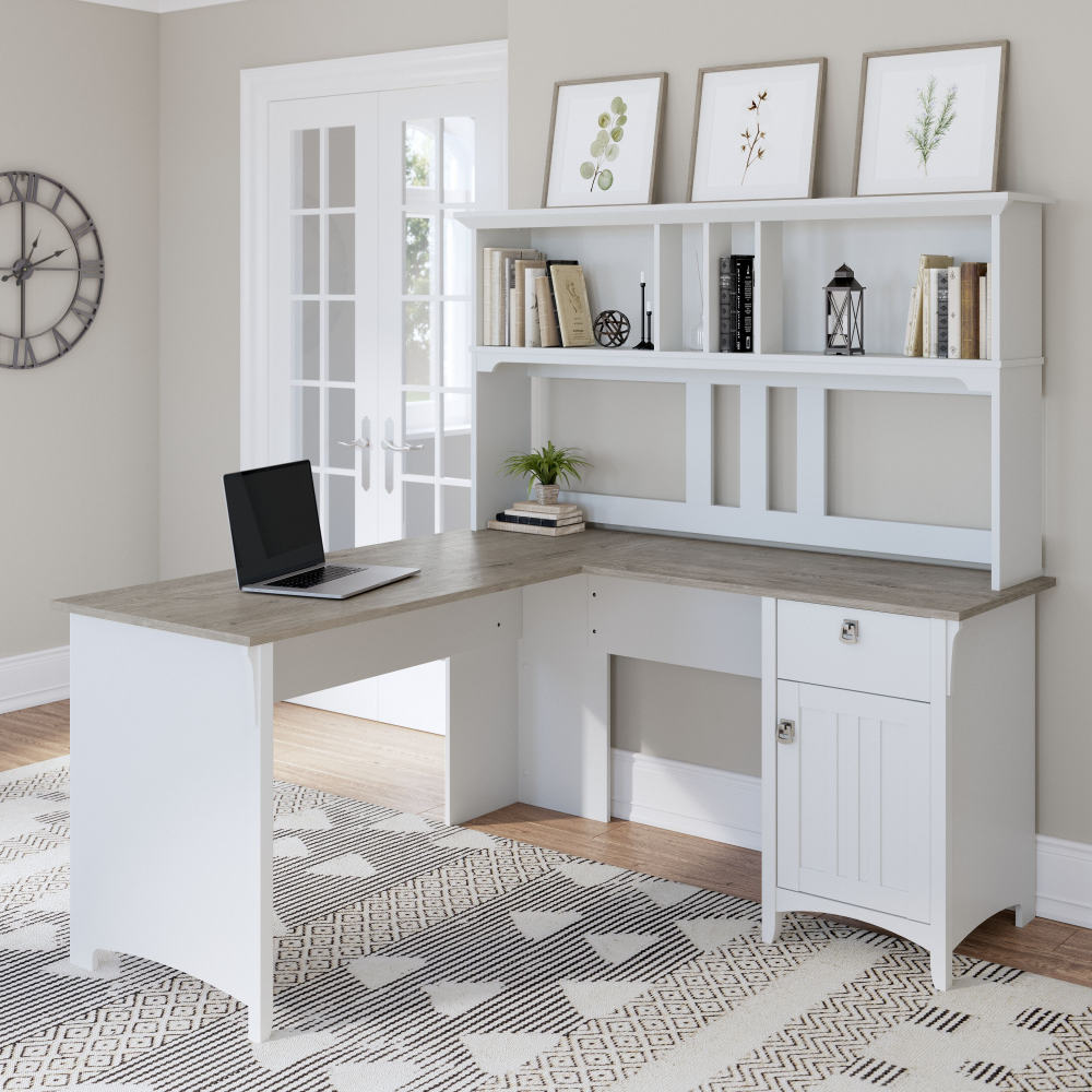 Shop Bush Furniture Salinas 60W L Shaped Desk with Hutch, Image 02, SAL004G2W, #color_shiplap gray/pure white