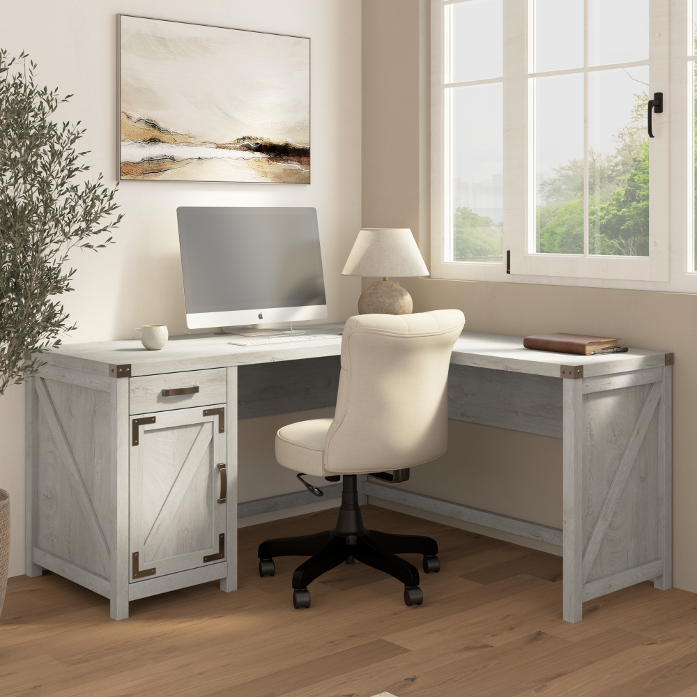 Shop Bush Furniture Knoxville 60W L Shaped Desk with Drawer and Storage Cabinet, Image 02, CGD160CWH-03, #color_cottage white