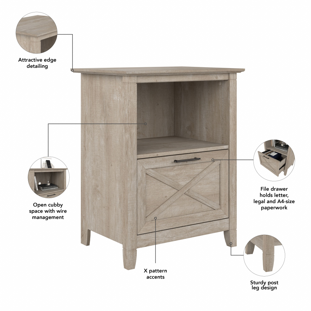 Shop Bush Furniture Key West Small Corner Desk with Bookcase and Lateral File Cabinet, Image 07, KWS050WG, #color_washed gray