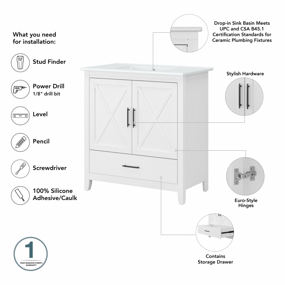 Shop Bush Furniture Key West 32W Bathroom Vanity Sink with Mirror, Image 06, KWS030WAS, #color_white ash