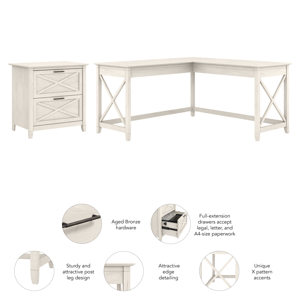 Shop Bush Furniture Key West 60W L Shaped Desk with 2 Drawer Lateral File Cabinet, Image 06, KWS014LW, #color_linen white oak