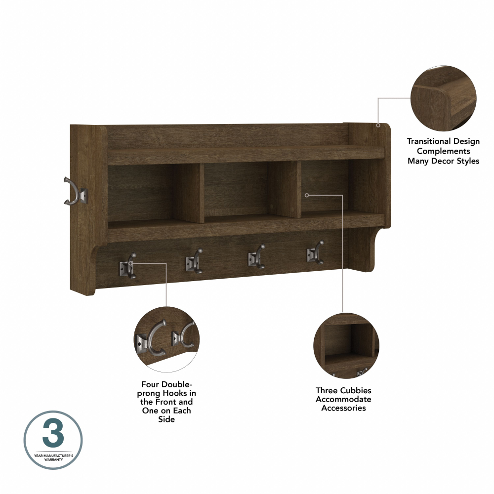 Shop Bush Furniture Woodland 40W Wall Mounted Coat Rack with Shelf, Image 08, WDH340ABR-03, #color_ash brown