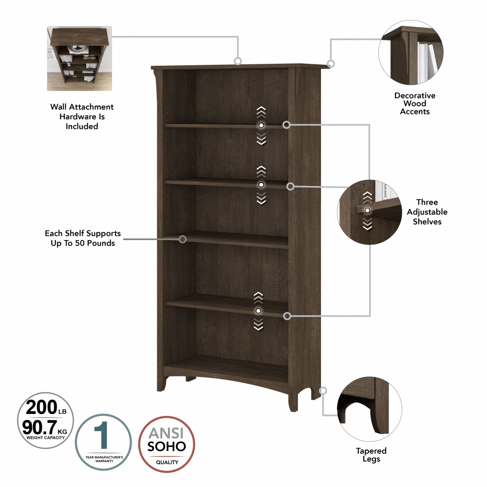 Shop Bush Furniture Salinas Tall 5 Shelf Bookcase, Image 08, SAB132ABR-03, #color_ash brown
