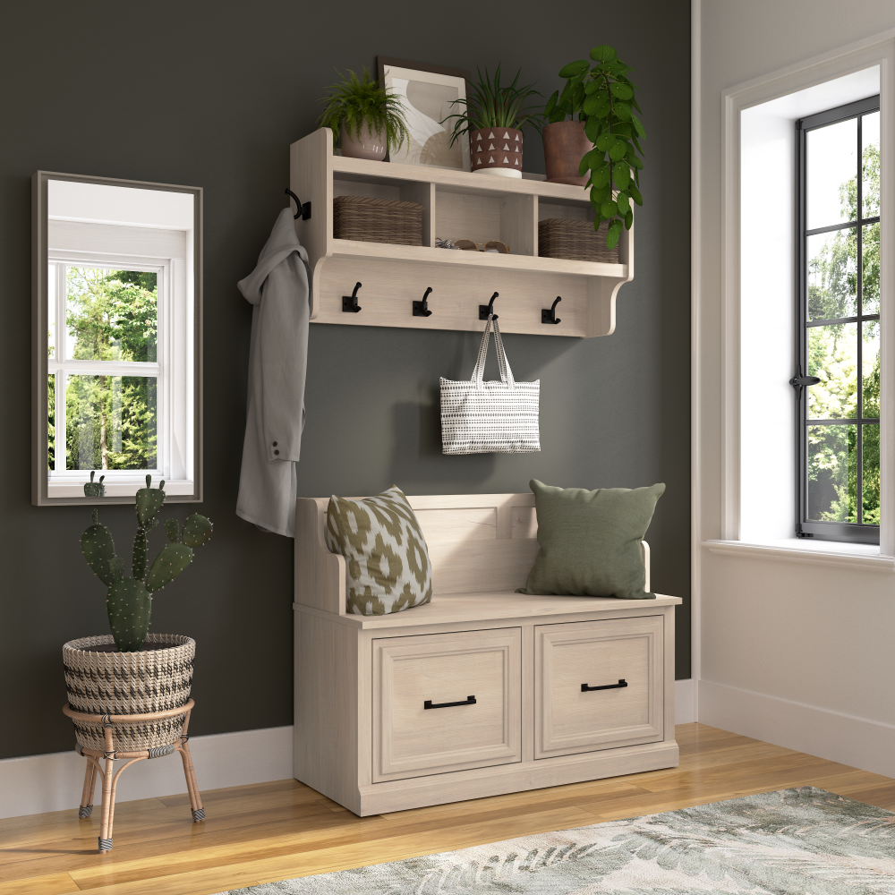 Shop Bush Furniture Woodland 40W Entryway Bench with Doors and Wall Mounted Coat Rack, Image 02, WDL009WM, #color_white washed maple