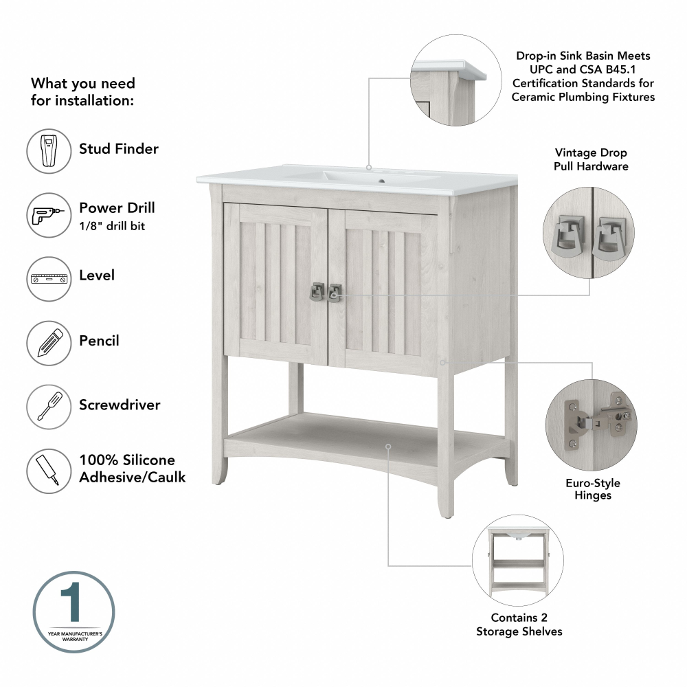 Shop Bush Furniture Salinas 64W Double Vanity Set with Sinks and Medicine Cabinets, Image 06, SAL033LW, #color_linen white oak