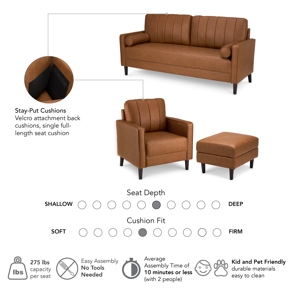 Shop Bush Home Max 77W Sofa, 32W Accent Chair, and Storage Ottoman, Image 06, MAX006BCL, #color_buffed camel leather