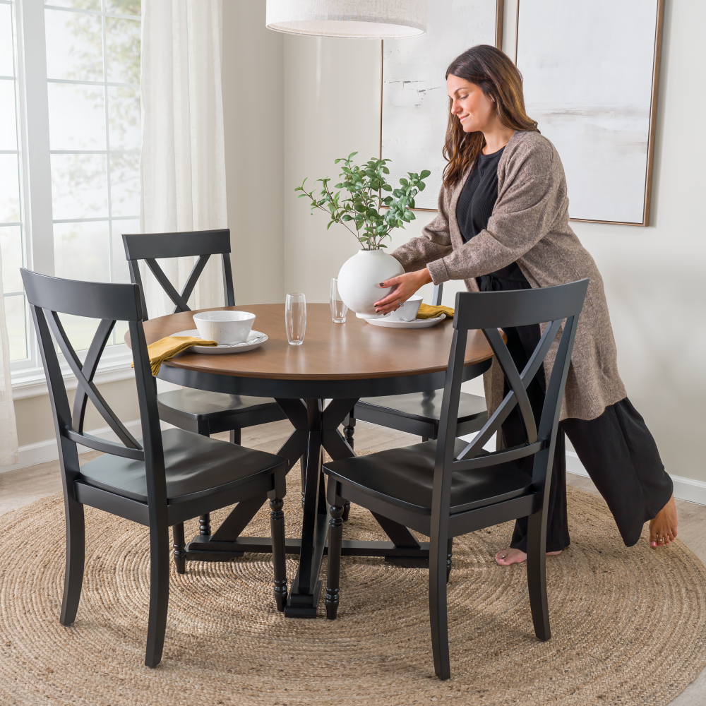 Shop Bush Furniture West End 45W Round Trestle Dining Table with 4 Cross Back Dining Chairs, Image 03, WEN002BMB, #color_burnished medium brown/black paint