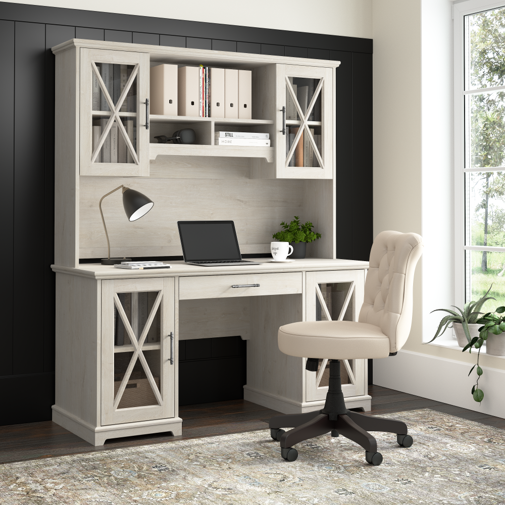 Bush Home Lennox 60W Farmhouse Desk with Hutch and Keyboard Tray