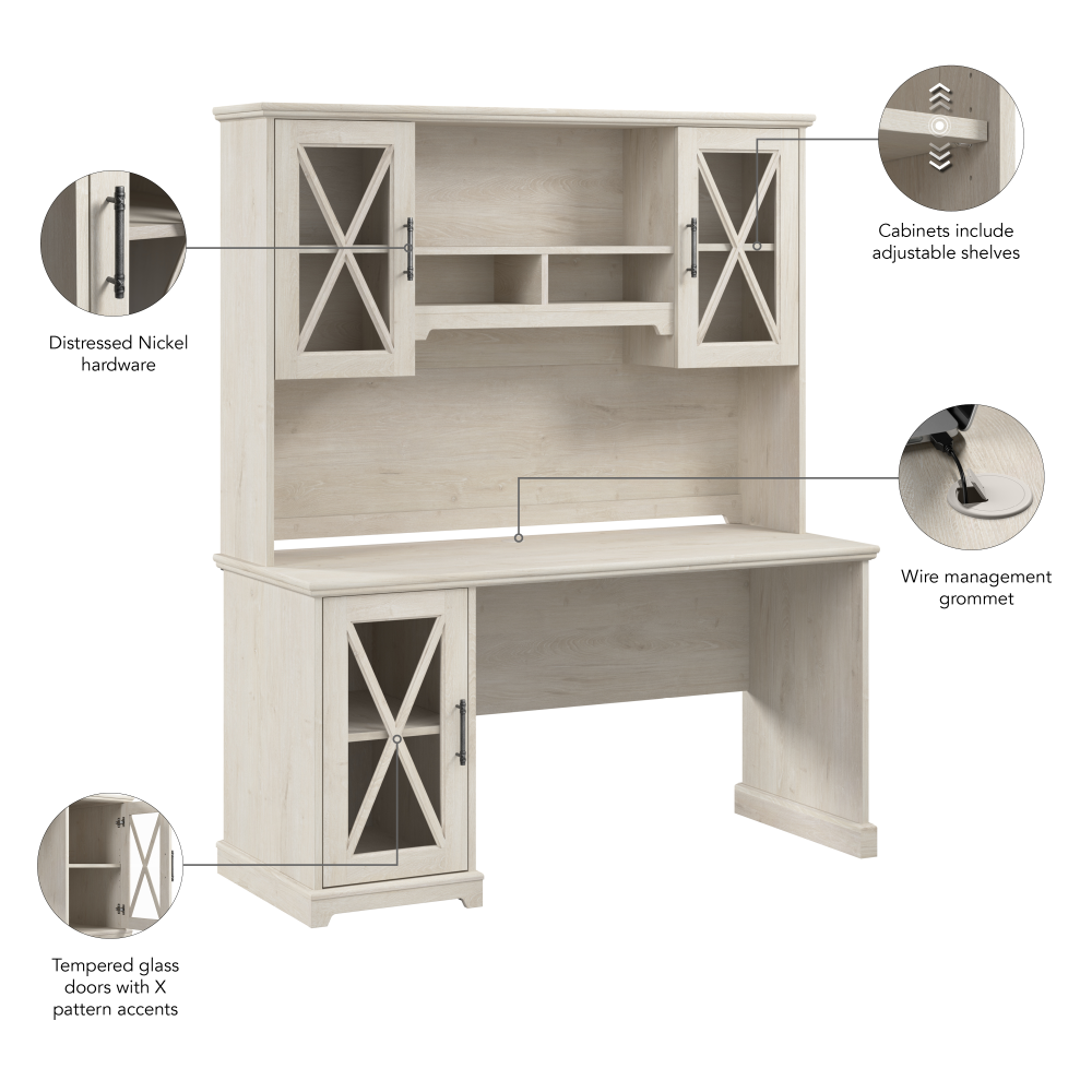 Shop Bush Furniture Lennox 60W Farmhouse Desk with Hutch and Storage Cabinet, Image 07, LEN003LW, #color_linen white oak