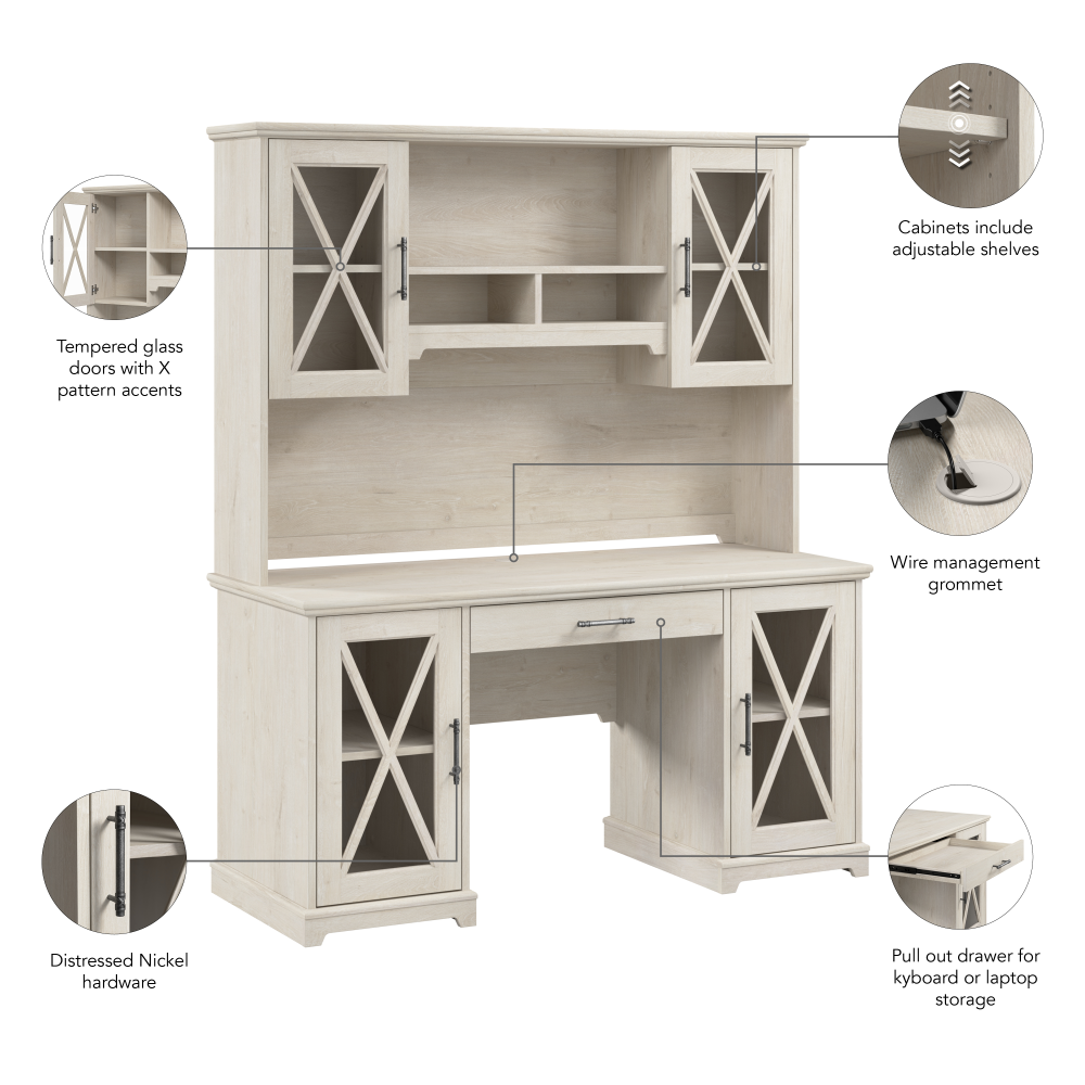 Shop Bush Furniture Lennox 60W Farmhouse Desk with Hutch and Keyboard Tray, Image 07, LEN004LW, #color_linen white oak