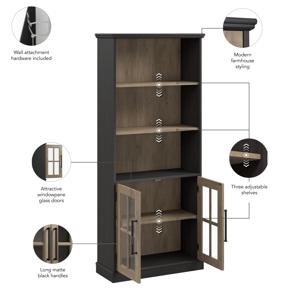 Shop Bush Furniture Westbrook 5 Shelf Bookcase with Glass Doors - Set of 2, Image 06, WBK001V2R, #color_vintage black/restored tan hickory