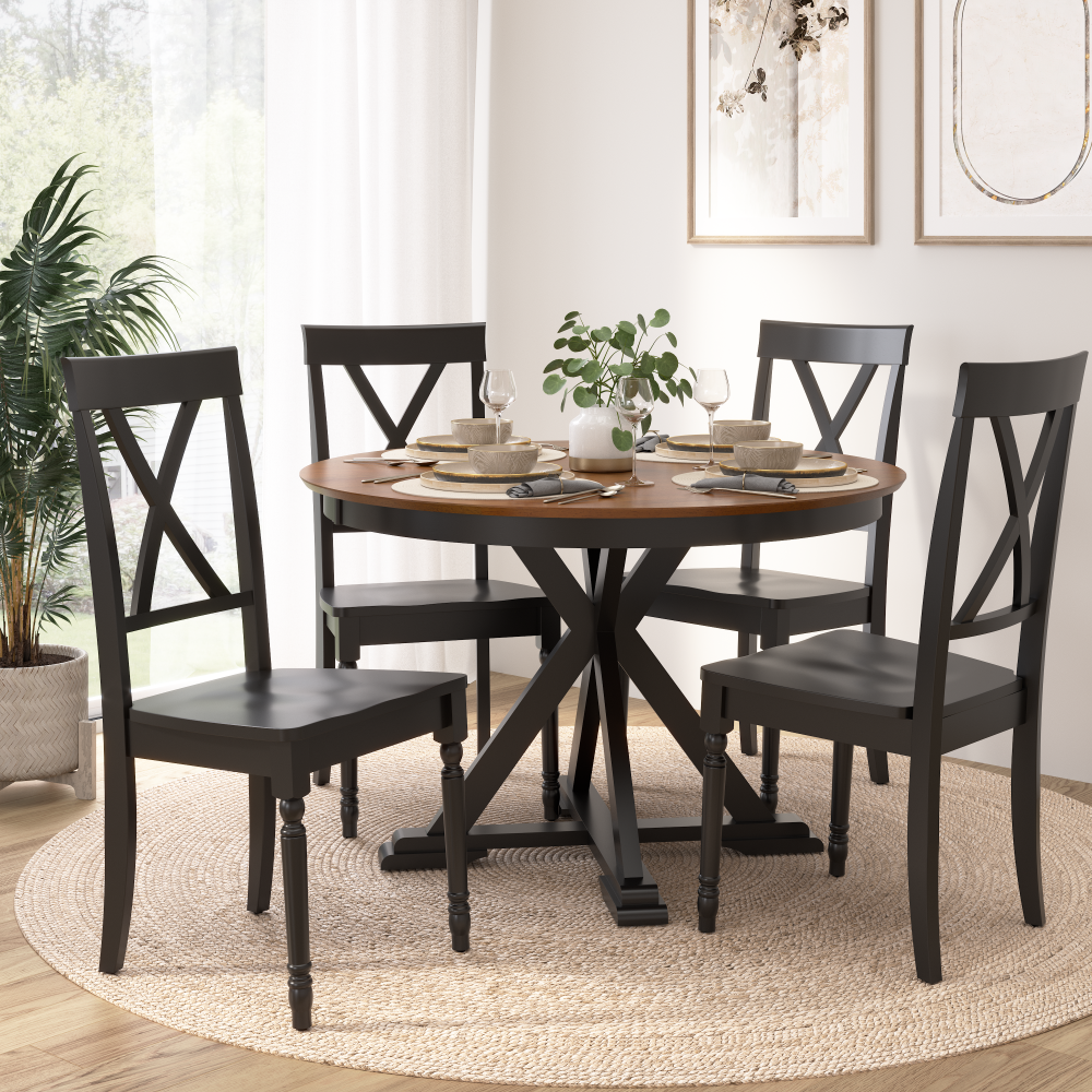 Shop Bush Furniture West End 45W Round Trestle Dining Table with 4 Cross Back Dining Chairs, Image 02, WEN002BMB, #color_burnished medium brown/black paint