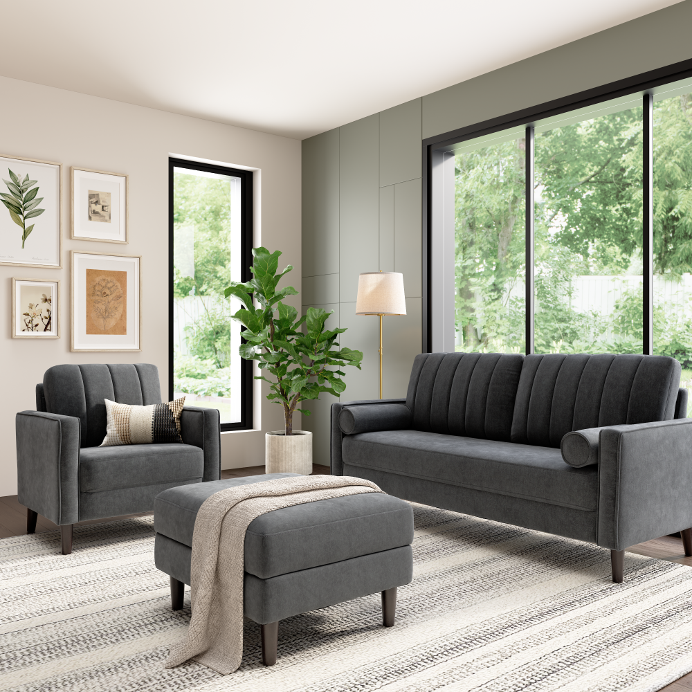 Shop Bush Home Max 77W Sofa, 32W Accent Chair, and Storage Ottoman, Image 02, MAX006IGC, #color_iron gray chenille fabric