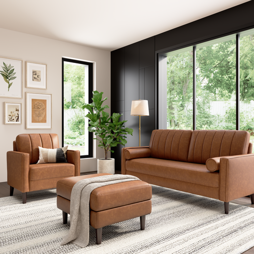 Shop Bush Home Max 77W Sofa, 32W Accent Chair, and Storage Ottoman, Image 02, MAX006BCL, #color_buffed camel leather