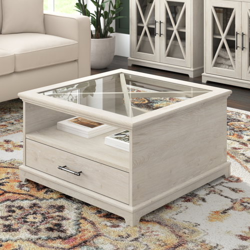 Shop Bush Furniture Lennox Farmhouse Glass Coffee Table with Storage, Image 02, LET133LW-03, #color_linen white oak